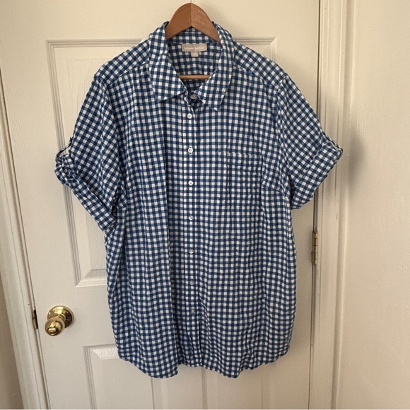 Woman Within Blue And White Plaid Button Up Shirt Size 2X - Picture 3 of 5